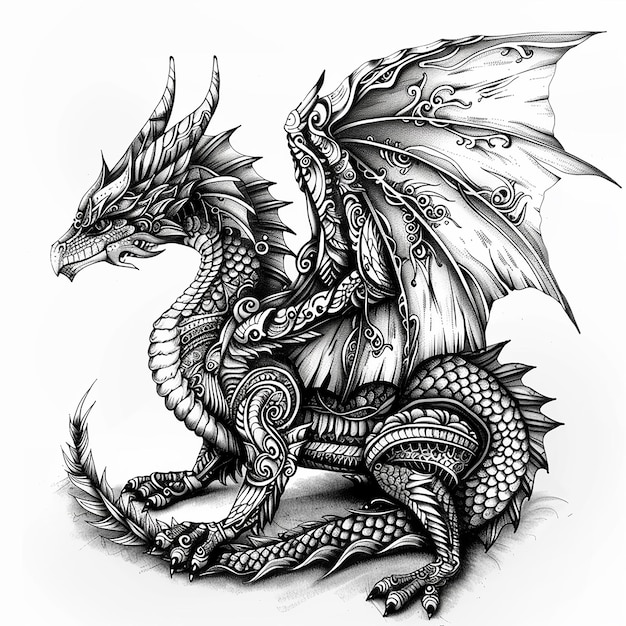 Photo greyscale adult coloring page on a white background imagine a beautiful dragon