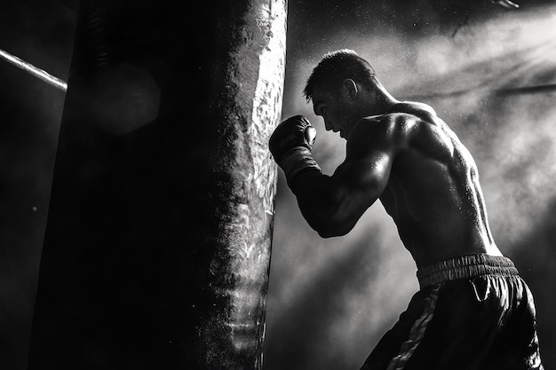 Greyscale image of a boxer having a go at the punching bag