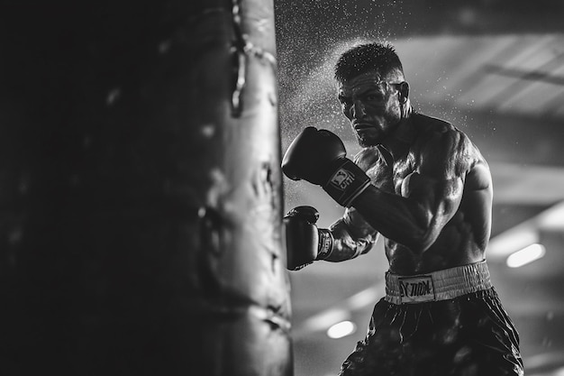 Greyscale image of a boxer having a go at the punching bag