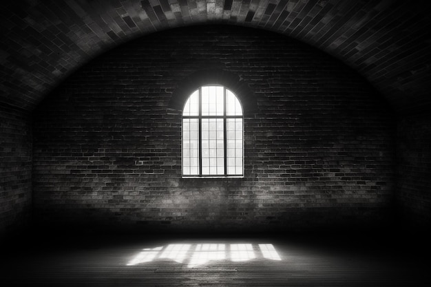 Greyscale shot of a dark tunnel room with a window