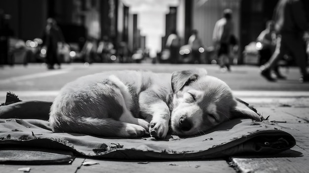 Greyscale shot of a tired homeless cute dog sleeping on the street in the afternoon