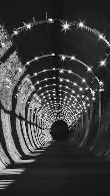 Greyscale of a tunnel surrounded by the lights during daytime