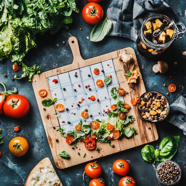 A grid filled with fresh cherry tomatoes lettuce and spices on a wooden board