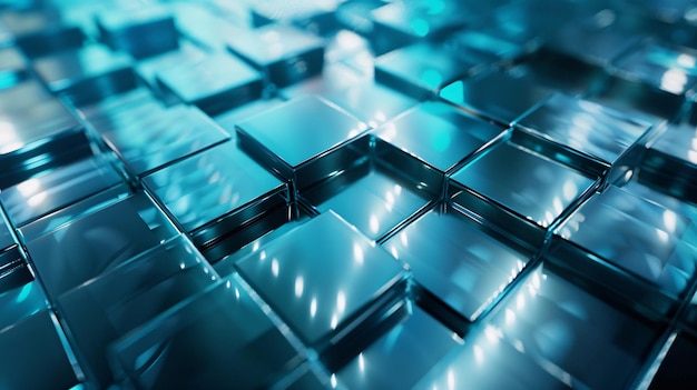 a grid of metallic cubes illuminated with soft blue light creating a futuristic atmosphere