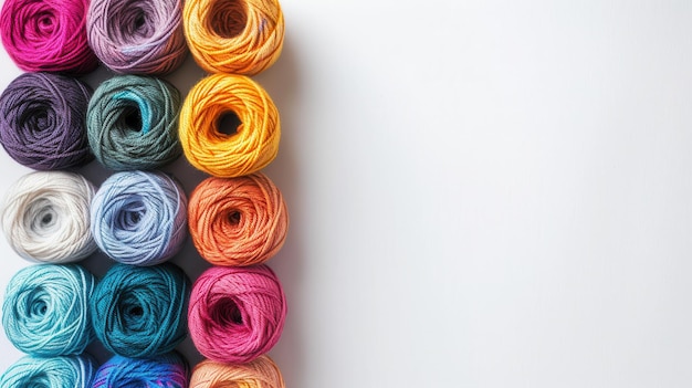 Photo a grid of vibrant yarn rolls sits neatly on a white background creating a cheerful atmosphere perfect for crafting and creative activities generative ai