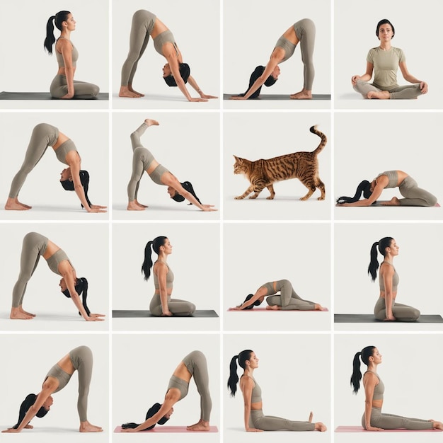 Photo gridstyle image woman demonstrating following yoga poses