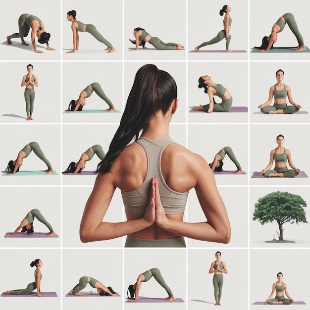 Photo gridstyle image woman demonstrating following yoga poses