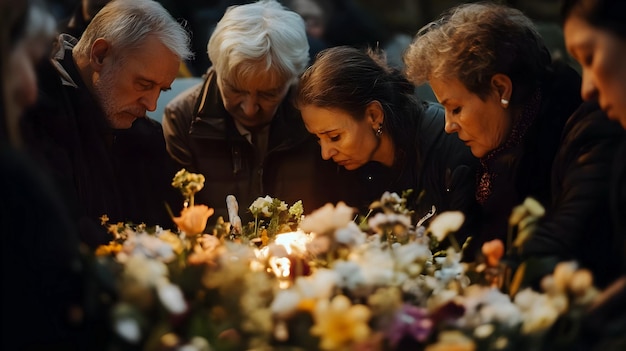 Photo grieving individuals gather together lighting candles surrounded by flowers