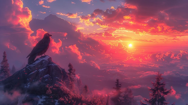 Griffin perched on a mountain peak majestic and powerful vibrant sky