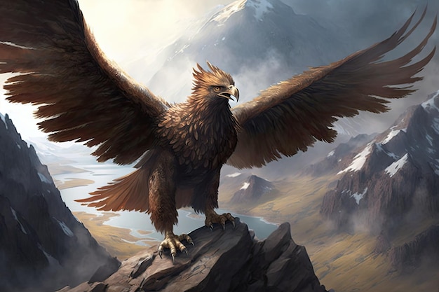 Griffin soaring over mountain range its wings spread wide