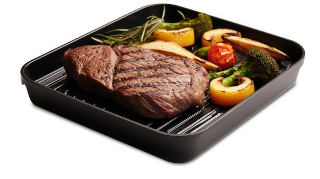 Grill barbeque pan with folding handle with juicy meat steak placed on it on white background