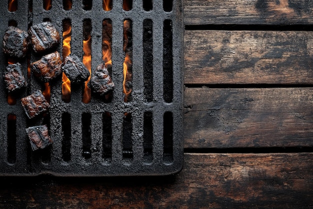 Grill grates with metallic skewer and coal on wooden textured