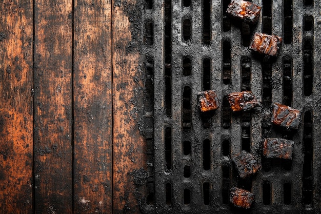 Grill grates with metallic skewer and coal on wooden textured