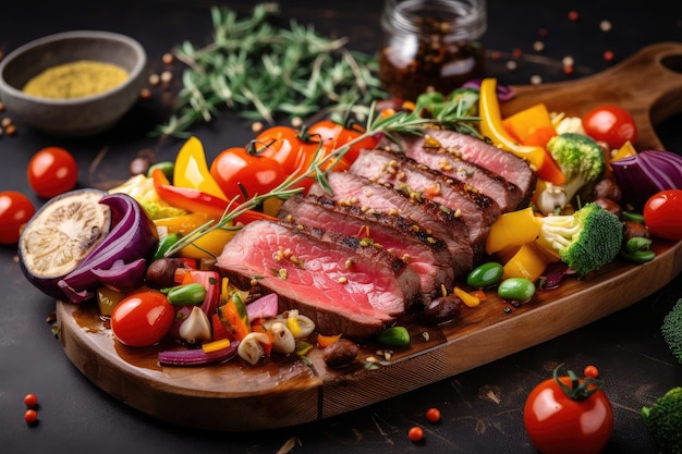 Grill plate with juicy grilled beef and assortment of colorful vegetables