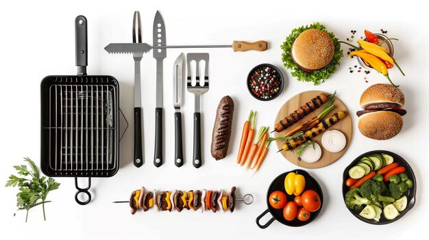 Photo grill tools skewers vegetables burgers and spices arranged neatly on a white background ready for bb