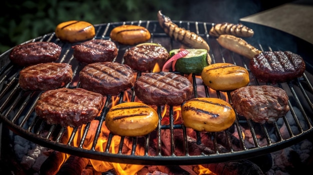 A grill with burgers and other food on it