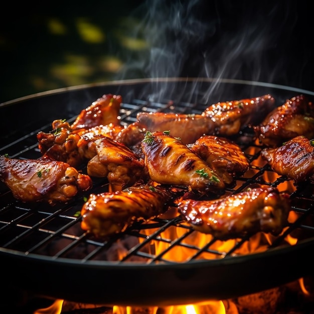 A grill with chicken wings on it and smoke coming out of it.