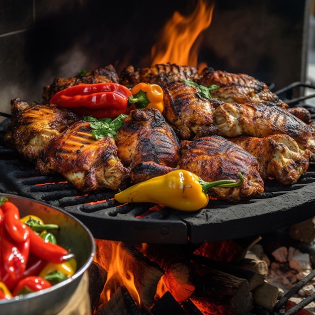 A grill with a fire in the background and a chicken grill with a yellow pepper on it.