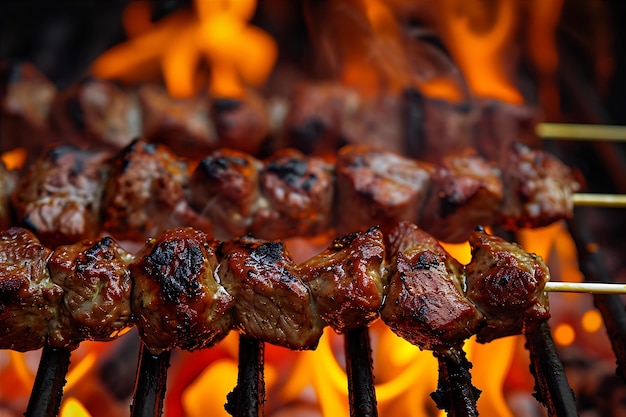 Grill with Flames and Skewered Meat