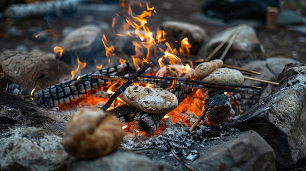 a grill with food cooking on it and a fire in the background