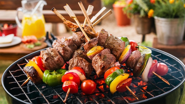 a grill with food and a variety of vegetables on it