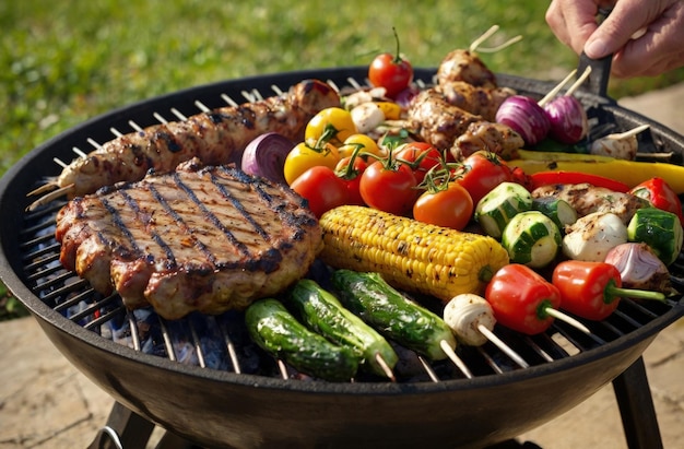 a grill with a grill full of vegetables and meat and vegetables