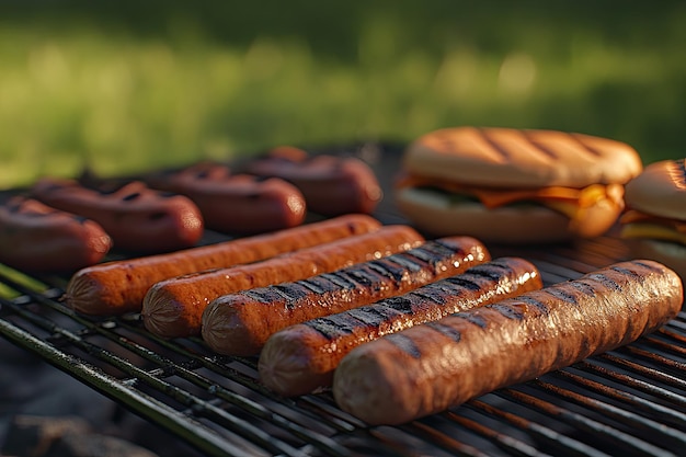 Photo a grill with hot dogs and buns on it and one has a bun on it