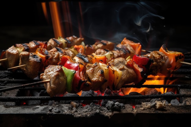 Grill with intense flames ready to cook juicy and flavorful shishkabob created with generative ai