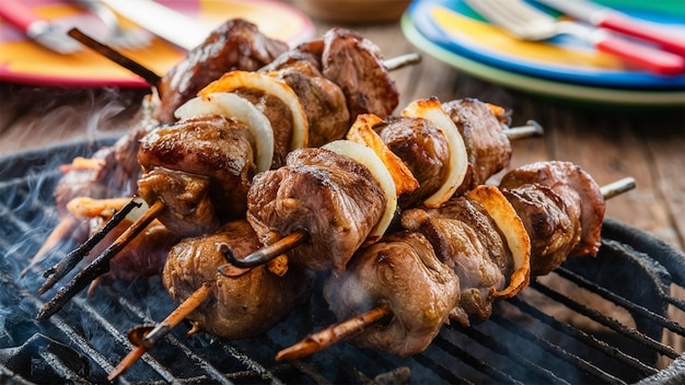 a grill with meat and skewers on it and a plate of food on the table