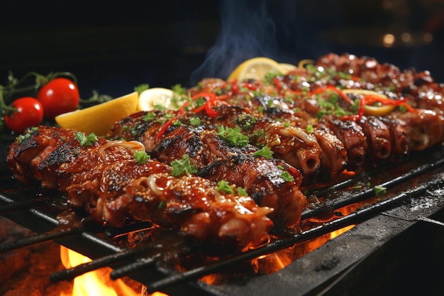 a grill with meat and vegetables cooking on it