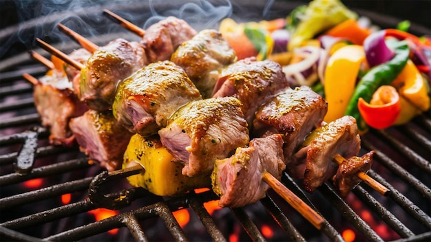 a grill with meat and vegetables cooking on it