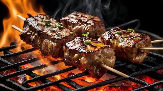 a grill with meat and vegetables cooking on it