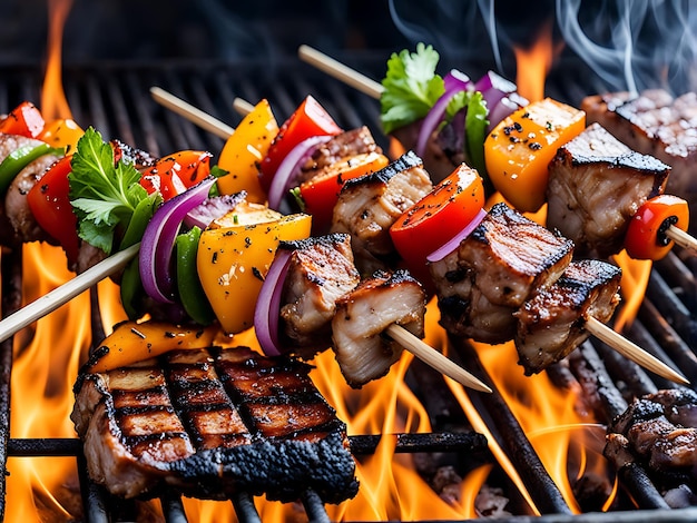 Photo a grill with meat vegetables and a fire pit