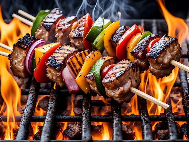 Photo a grill with meat vegetables and a fire pit