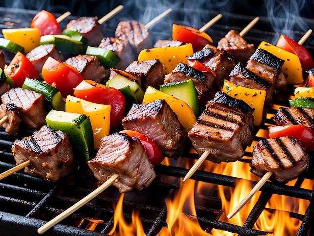 A grill with meat vegetables and a fire pit