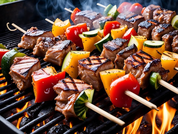 A grill with meat vegetables and a fire pit