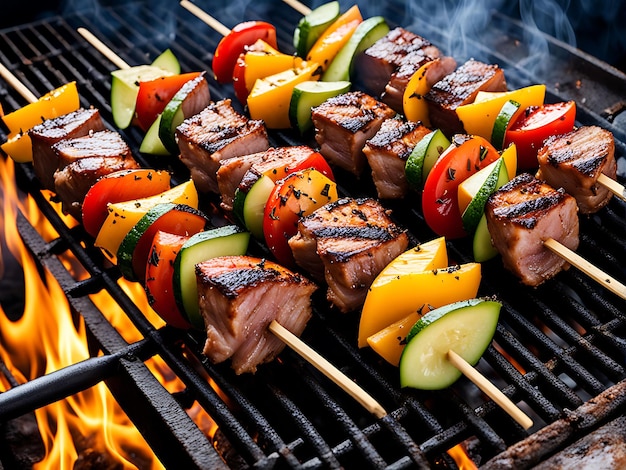 A grill with meat vegetables and a fire pit