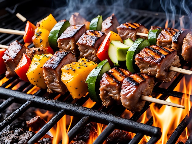 A grill with meat vegetables and a fire pit