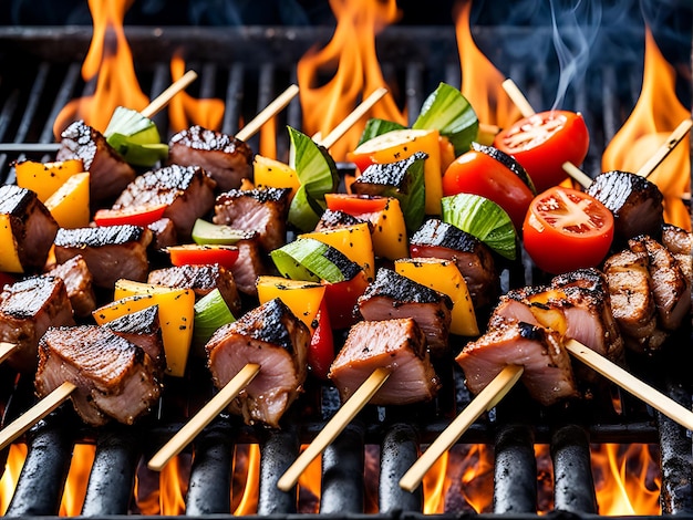 A grill with meat vegetables and a fire pit