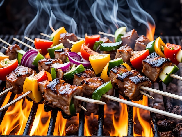 Photo a grill with meat vegetables and a fire pit