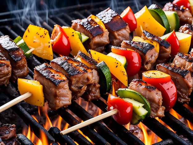 A grill with meat vegetables and a fire pit