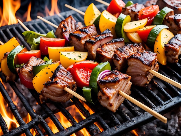 A grill with meat vegetables and a fire pit