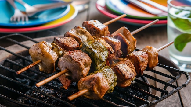 a grill with meat and vegetables on it and a plate of food that sayskebab