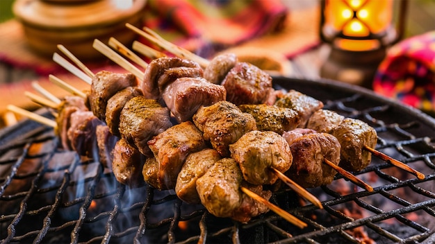 a grill with meat and vegetables on it