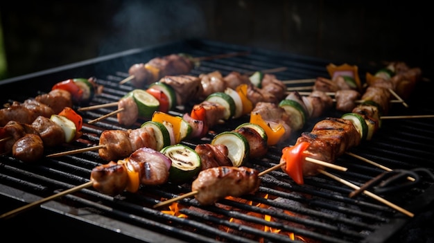 A grill with meat and vegetables on it