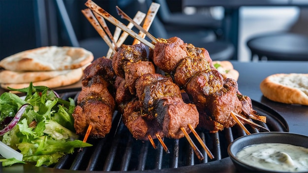 a grill with meatballs and a cup of kebab on it