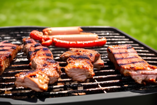 A grill with meats and sausages on it