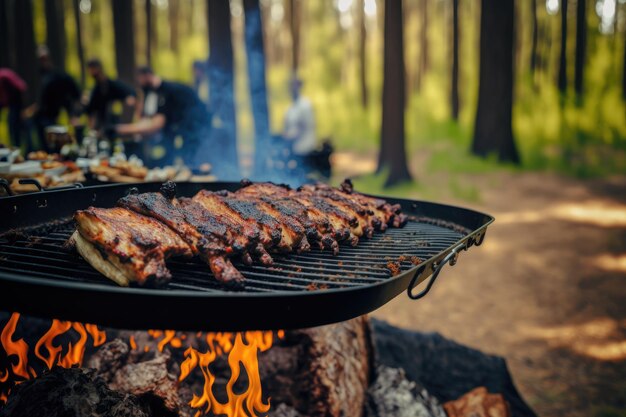 A grill with ribs on it and a man in the background is cooking on a fire.