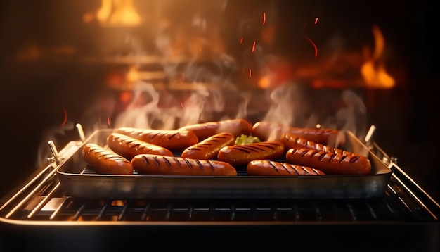 A grill with sausages cooking on it