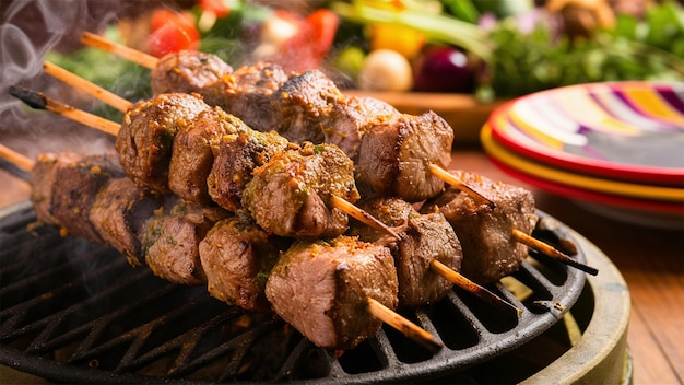 a grill with several skewers and a grill with a grill in the background